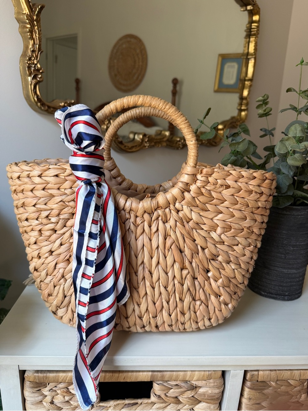 Woven Straw Satchel with Navy & Red Accent Scarf